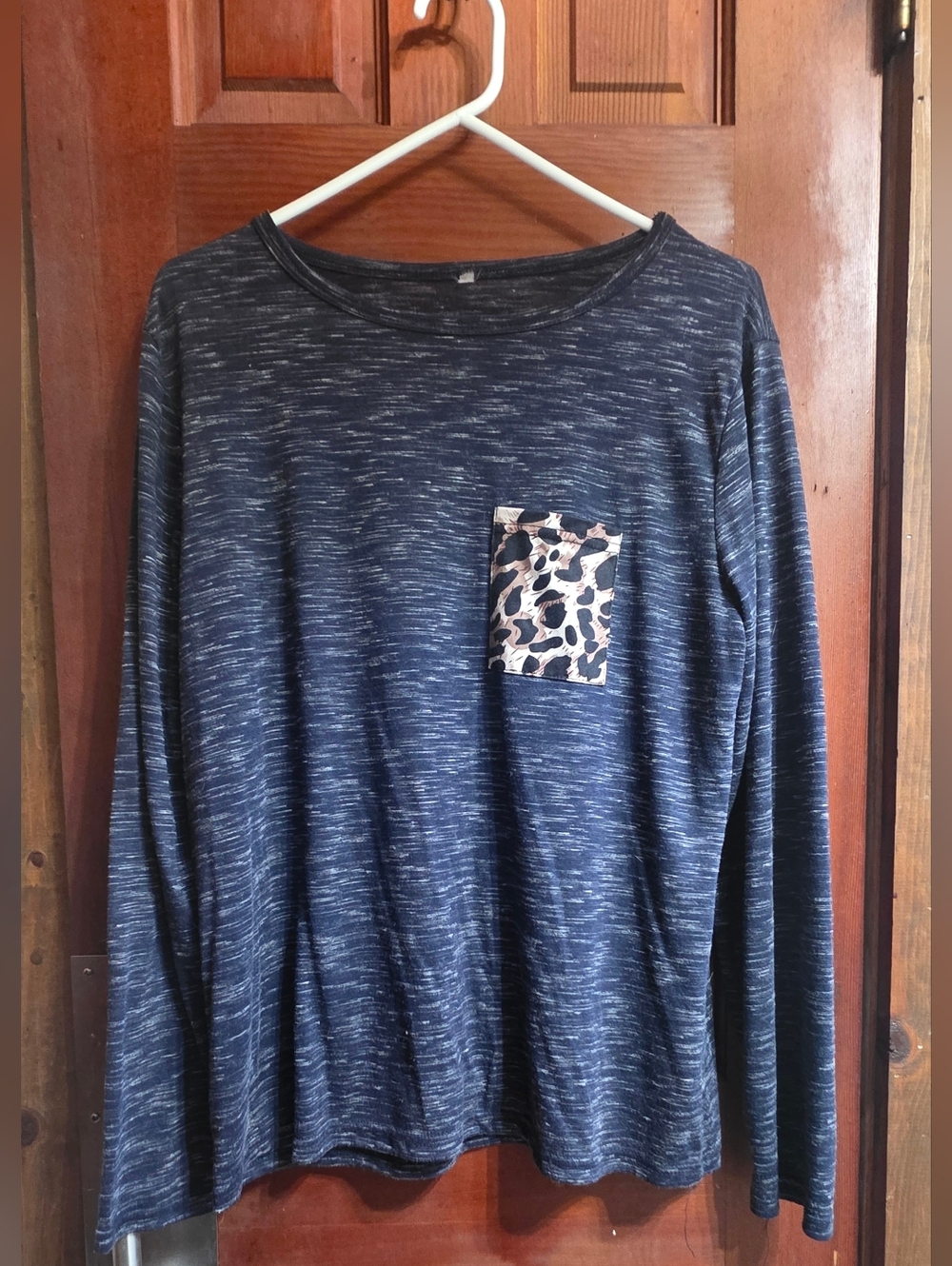 Navy Marled Long Sleeve Top with Leopard Patch Pocket